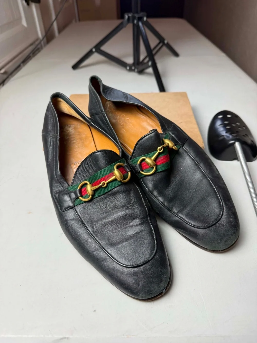Gucci Brixton Black Leather Horsebit Web Loafers 6.5 UK / 7.5 US